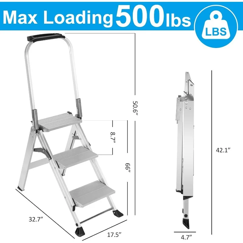 Step Ladder Pro with Tool Platform, Aluminum Folding 3 Steps Stool with Non-Slip Wide Pedal, Rubber Feet