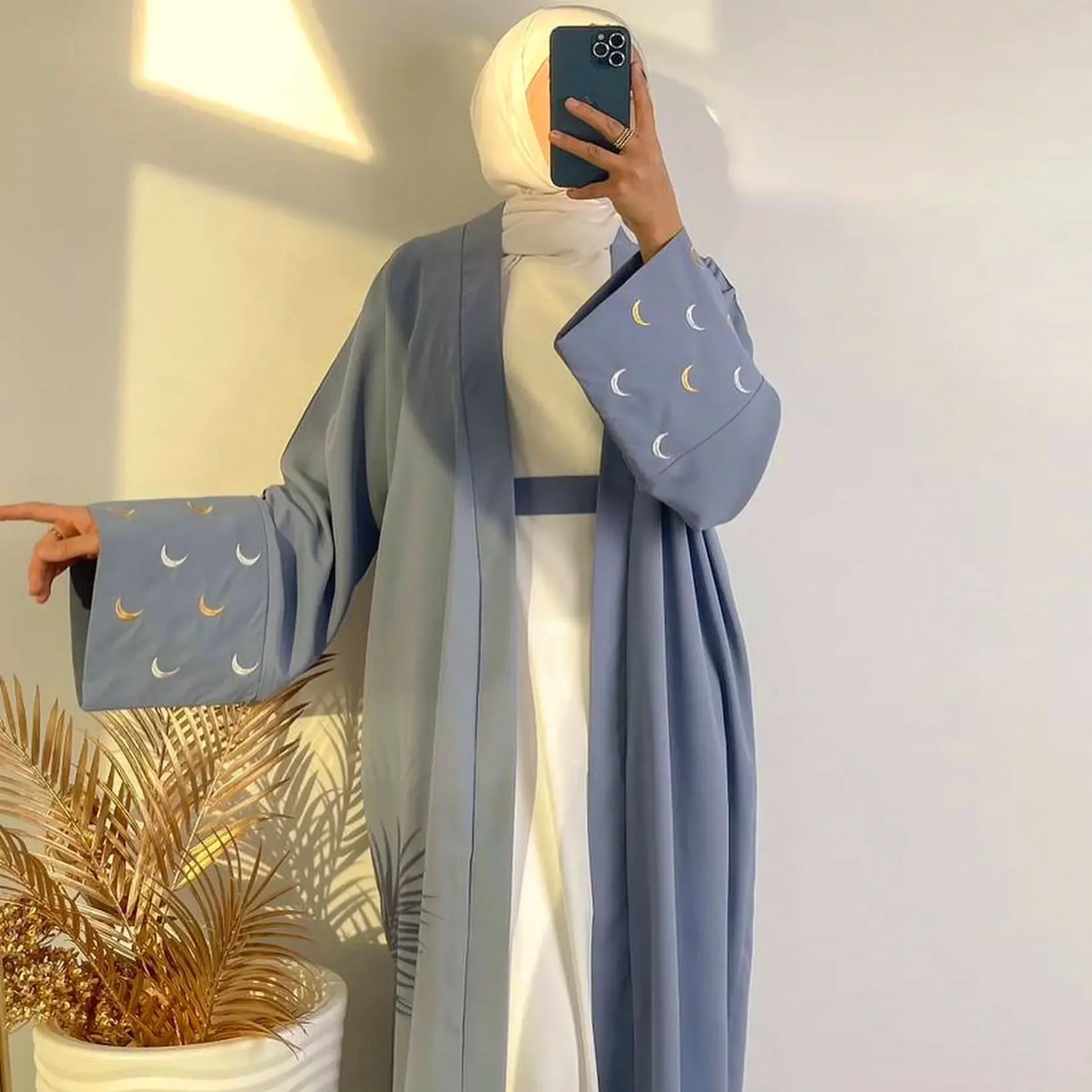 Mode Mond Stickerei Abayas Frauen Öffnen Kimono Strickjacke Robe Kleid Muslim Islamische Kleidung Eid Ramadan Dubai Kaftan Jalabiya