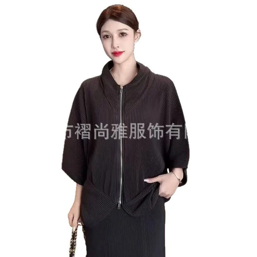 Miyake Fold 2025 Autumn/Winter New Fold Round Neck Fashionable Double Head Zipper Design Style Casual Loose Women's Top