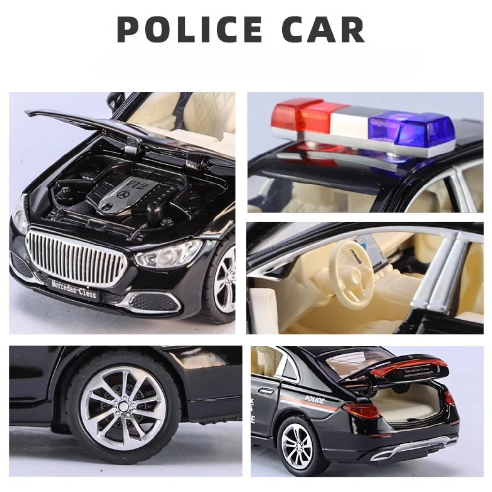 Scale 1:32 Mercedes-Benz S680 Police Car Model Toy Alloy Diecast Doors Opened Sound Light Pull Back Models Collection Kids Gifts