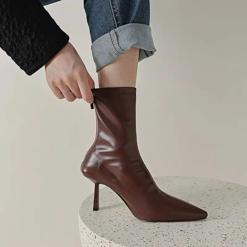 2024 New Autumn Winter Pointed Toe Women Ankle Boots Fashion Zipper Shoes Thin High Heel Women's Morder Short Booties D214