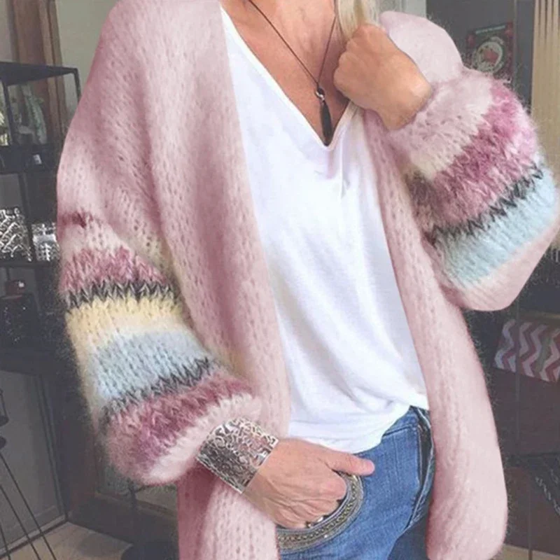 2022 Women Autumn And Winter New Fashion Striped Mohair Casual Long Sleeve Sweater Knitted Cardigan Jacket New Women Cardigan