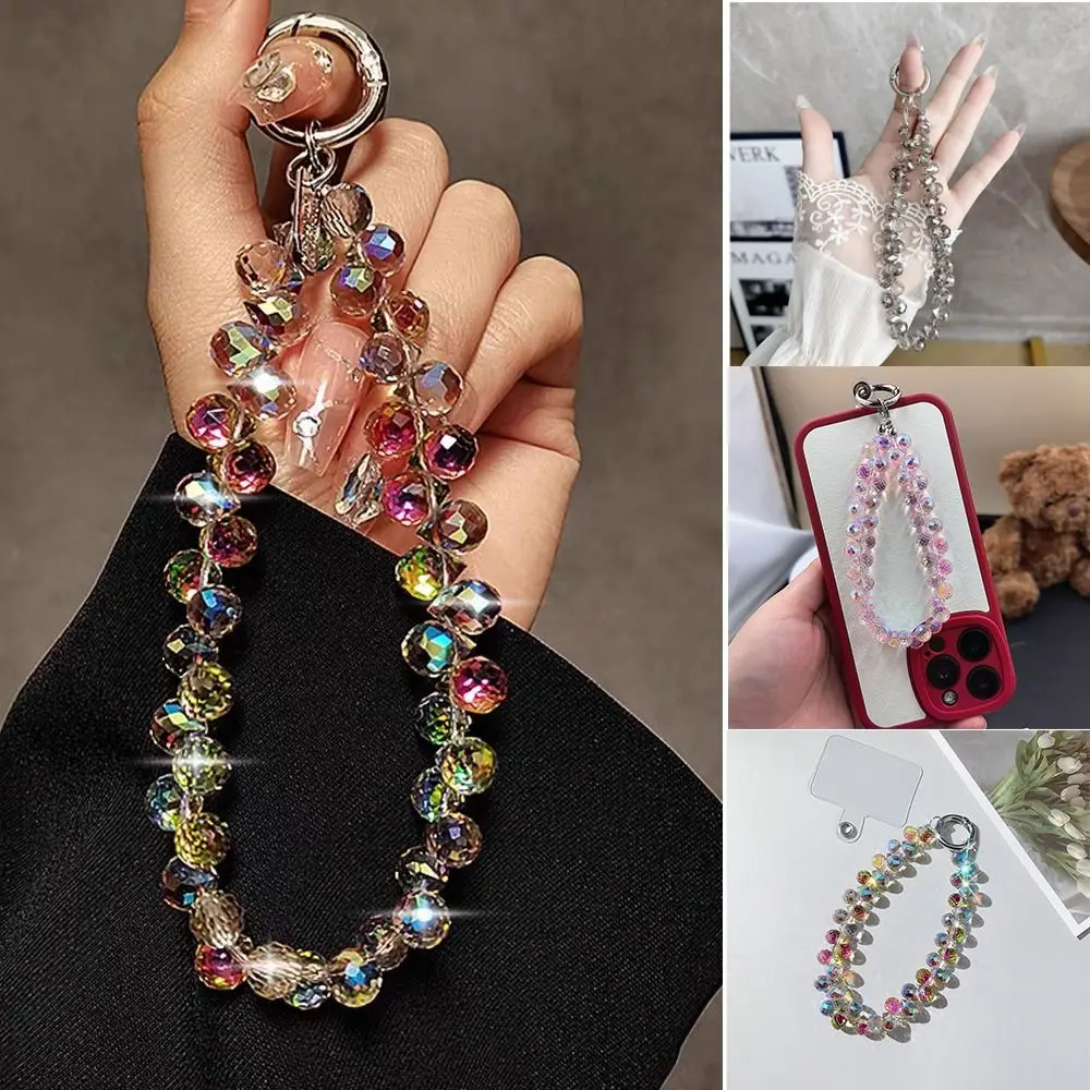 Creative Glitter Crystal Bead Pendant Transparent Detachable Crystal Bead Keychain Colorful Phone Lanyard for Women Girls