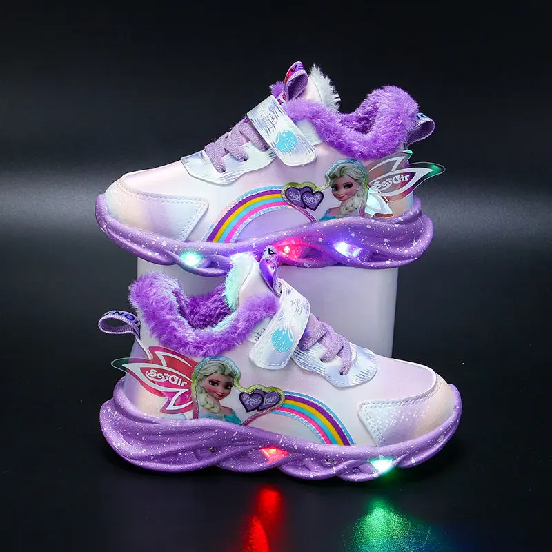 Disney Frozen Elsa Princess LED Casual Sneakers Pink Purple For Winter Girls Outdoor Shoes Children Lighted Non-slip Warm Shoes