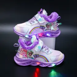 Disney Frozen Elsa Princess LED Casual Sneakers Pink Purple For Winter Girls Outdoor Shoes Children Lighted Non-slip Warm Shoes