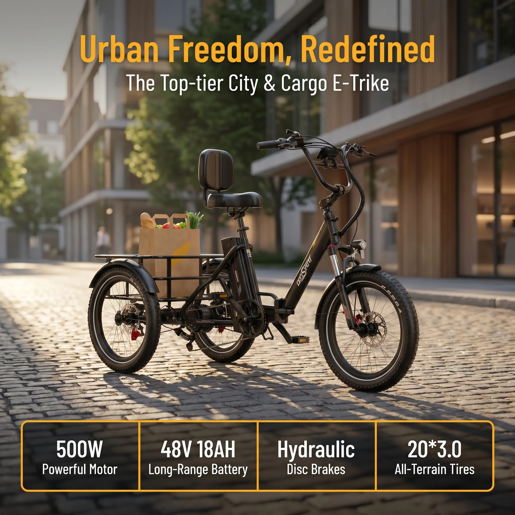 ONESPORT OT30 Pro Dreirädriges Elektrofahrrad 500W Motor 48V18AH APP-Verbindung Stadtfahrt Hydraulische Bremse Rückwärtsunterstützung 20*3,0 Zoll Reifen Höchstgeschwindigkeit 35KM/H Frachttransport
