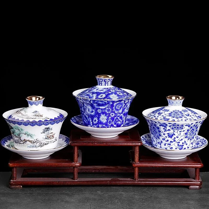 300ml Blue And White Tea Tureen Hand Painted Landscape Art Sancai Tea Cup GaiWan Kung Fu Tea Home Decoration Accessories Gifts