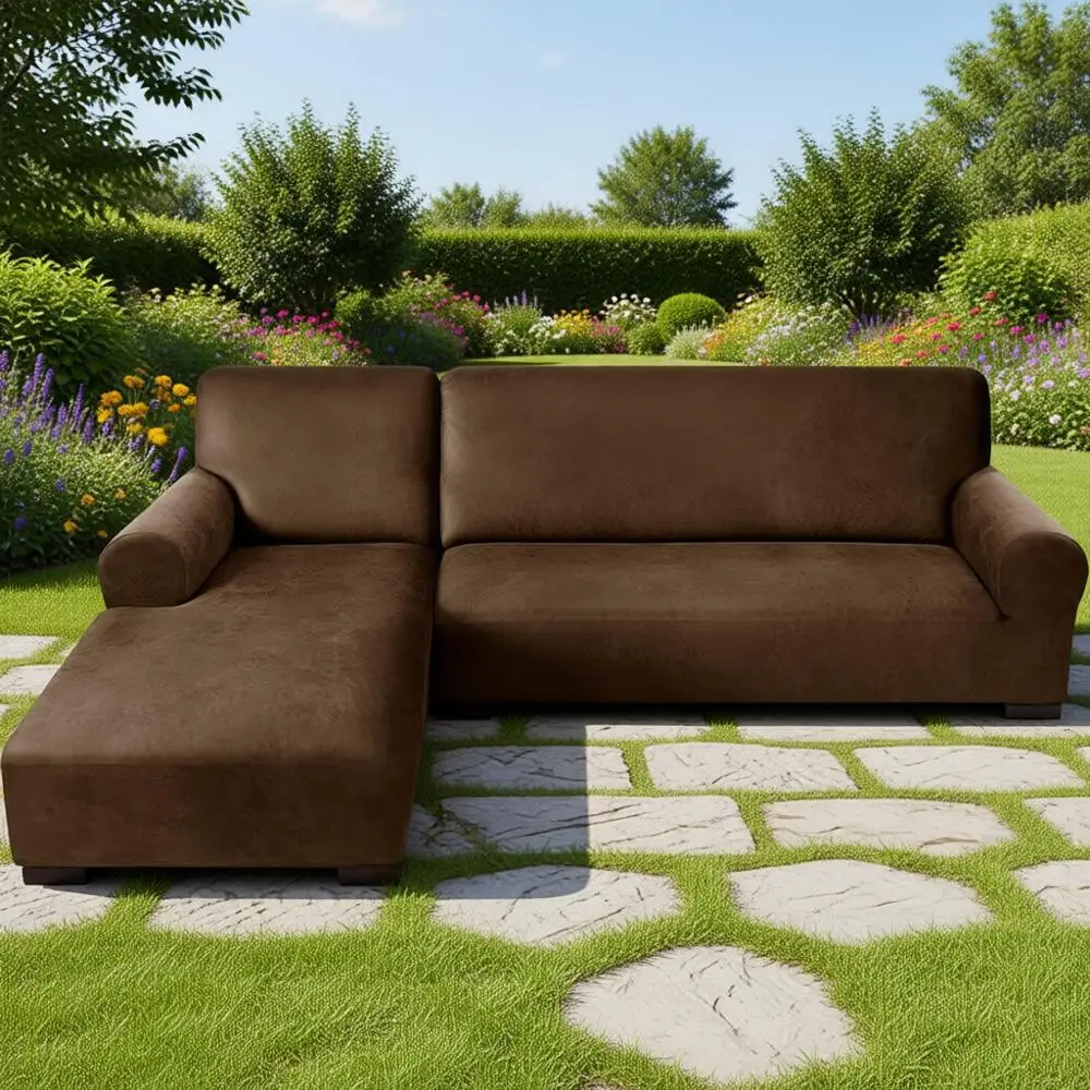 

Stretch Slipcover for L-Shaped 2-Piece Leather Sofa, 3-Seat Sofa + 3-Seat Right Chaise, Brown