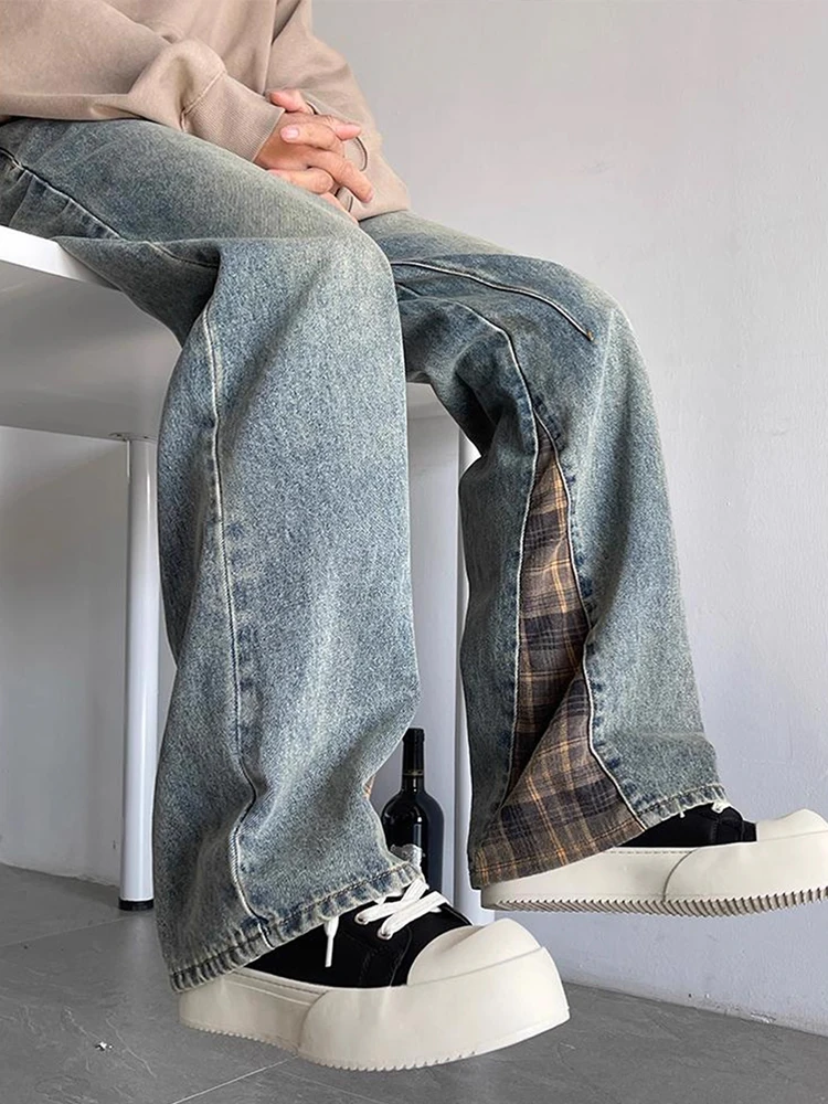 

American High Street Vibe Men's Slim Fit Knife Denim Pants Autumn Plaid Patchwork Straight Leg Jeans Casual Sle