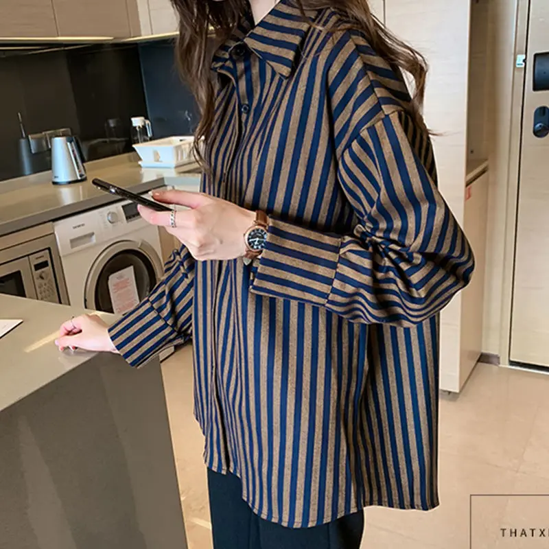 Striped Vintage Turn-down Collar Shirt for Female Fashion Spring Autumn Casual All-match Long Sleeve Single-breasted Blouse