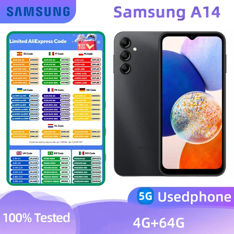 Samsung Galaxy A14 5g Smartphone Exynos 1330 6.6-inches Screen 4RAM 64GB Android Original Used Phone