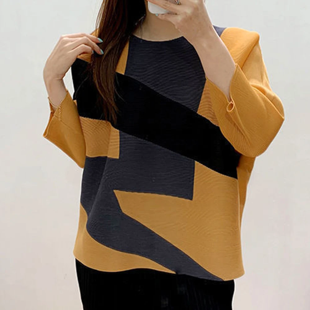 Trendy fashion printed top seven-quarter sleeve loose and simple thin women's clothing pleated fashion 2025 spring new models