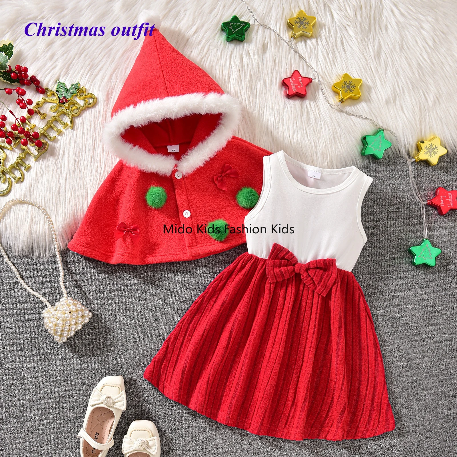 Baby Girl Christmas Party Outfit: Cape Top and Patchwork Dress Set 9M-6Y