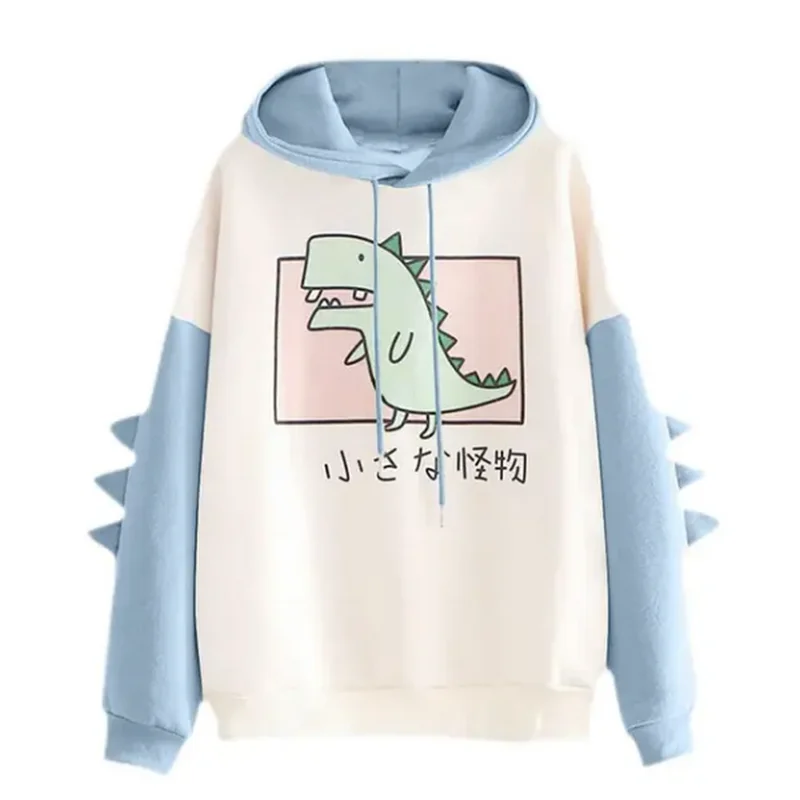 Moletom bonito de dinossauro feminino, moletom de manga comprida, estampa casual, estilo coreano, tampos de emenda, roupa kawaii, moda