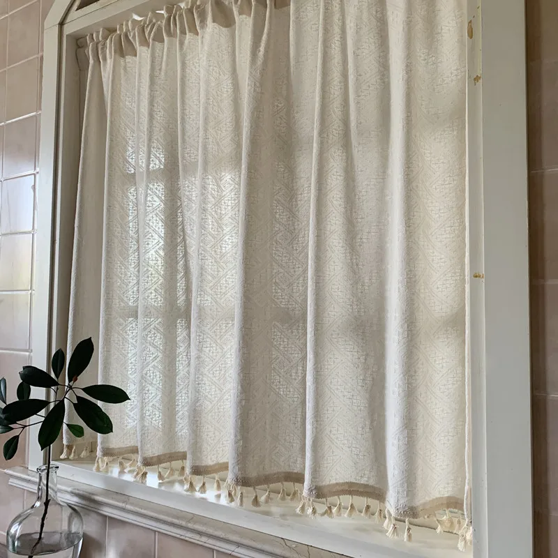 

Striped Woven Window Curtains with Tassels Rod Pockets Light Filtering Short Curtain Valances for Bedroom Living Room Home Decor
