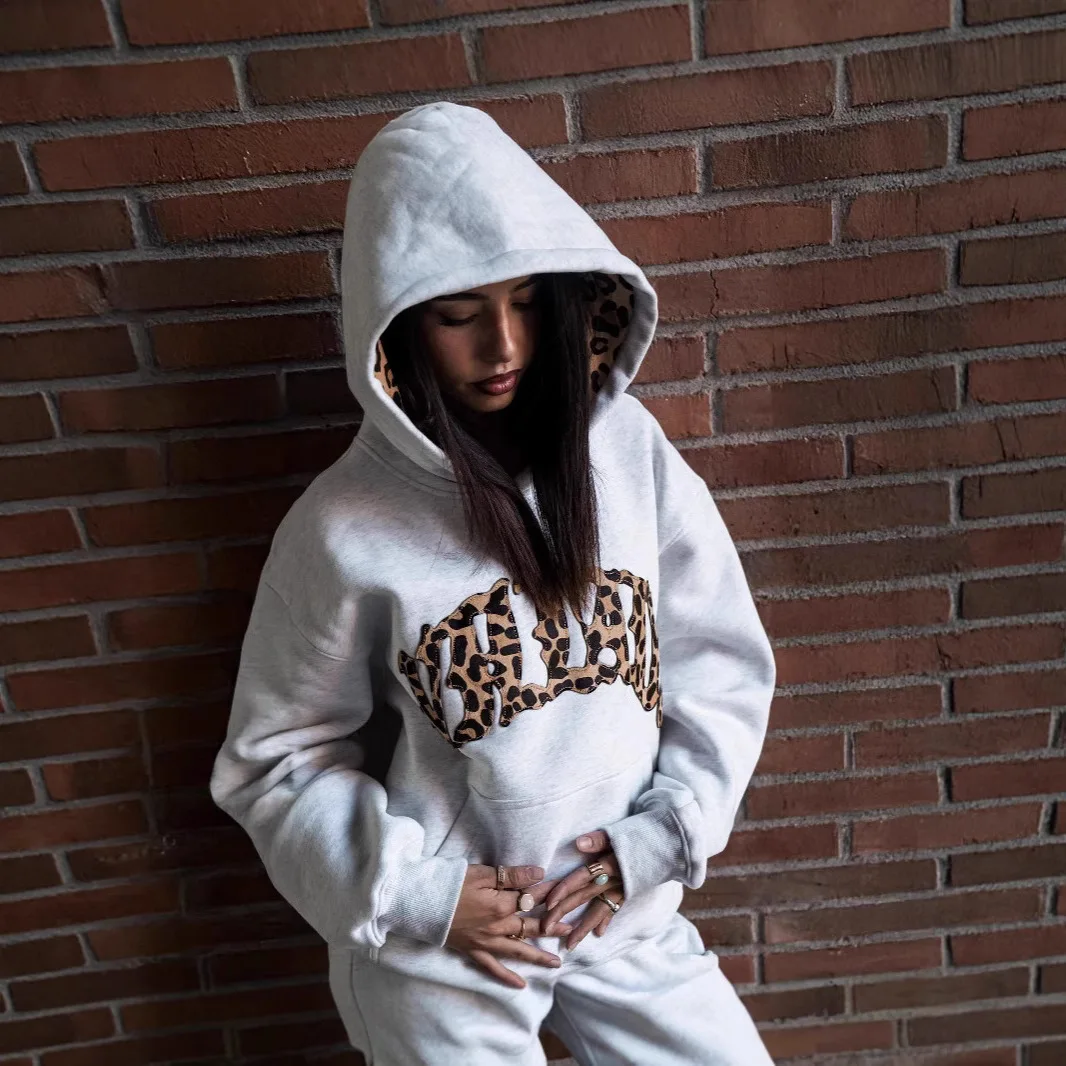 American hip-hop leopard print letter embroidery men hoodie retro Harajuku street sports suit fashionable casual sweatshirts
