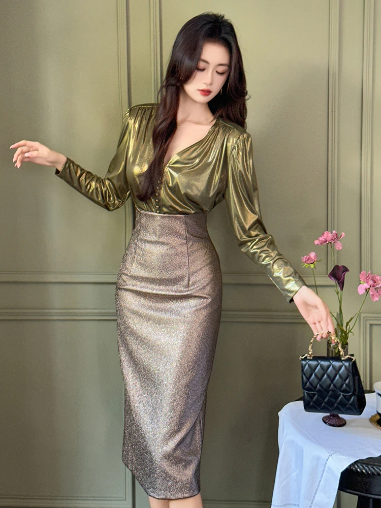 New French Style Prom Skirts Women Wild Elegant PU Leather Bright Shiny Wrap Hip Midi Skirt Party Business Professional Clothes