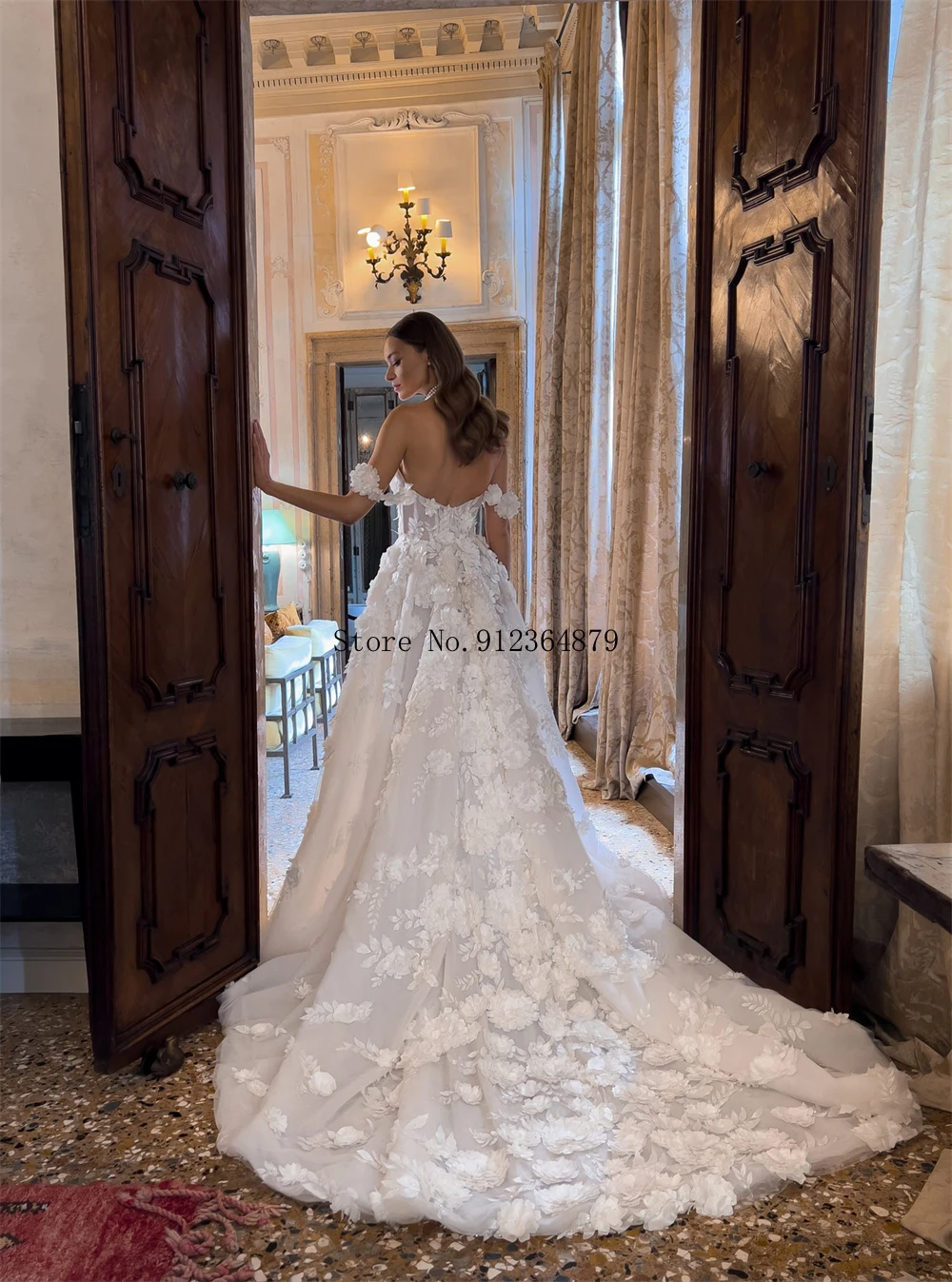 تخصيص أنيقة خارج الكتف فستان الزفاف 3D زهرة منمق تول فستان الزفاف الشق العالي لمظهر الزفاف الفاخر #2