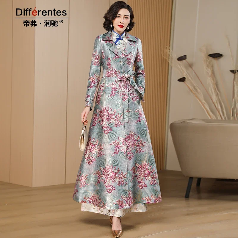 

Luxury Women Autumn Winter Jacquard Coat Floral Single Breasted Long Coat Quality Jacket Overcoat with Belt Pockets
