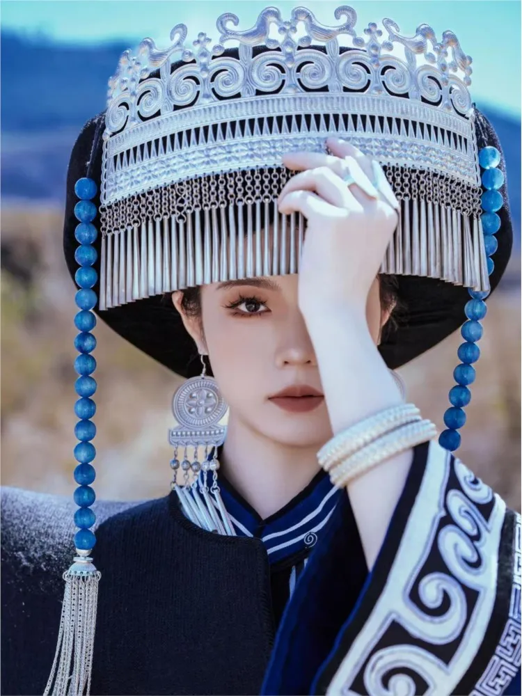 Traditional clothing for women blue pearl dress tassel hat necklace set photography