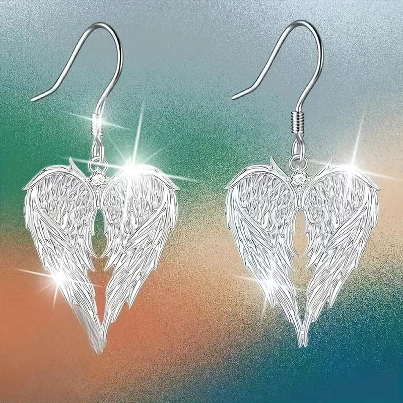 Collar con colgante de corazón de alas de ángel, un par de pendientes de ángel, joyería para mujer, regalo de Navidad