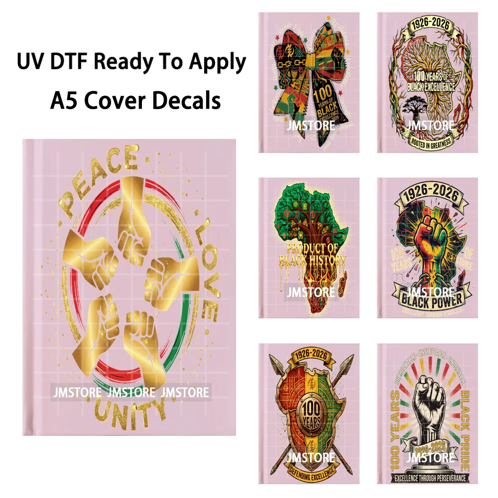 100 Jahre schwarzer Exzellenz: Juneteenth Vibes UV DTF Notizbuch-Einband-Aufkleber, sofort auftragebare Transfer-Sticker für A5-Journal-Einbände