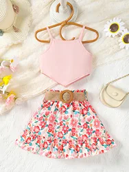 2PCS Summer Kids Girl Clothes Set Solid Suspenders Top+Flowers Skirt /Pants Vacation Style Korean Costume For Children 4-7 Years