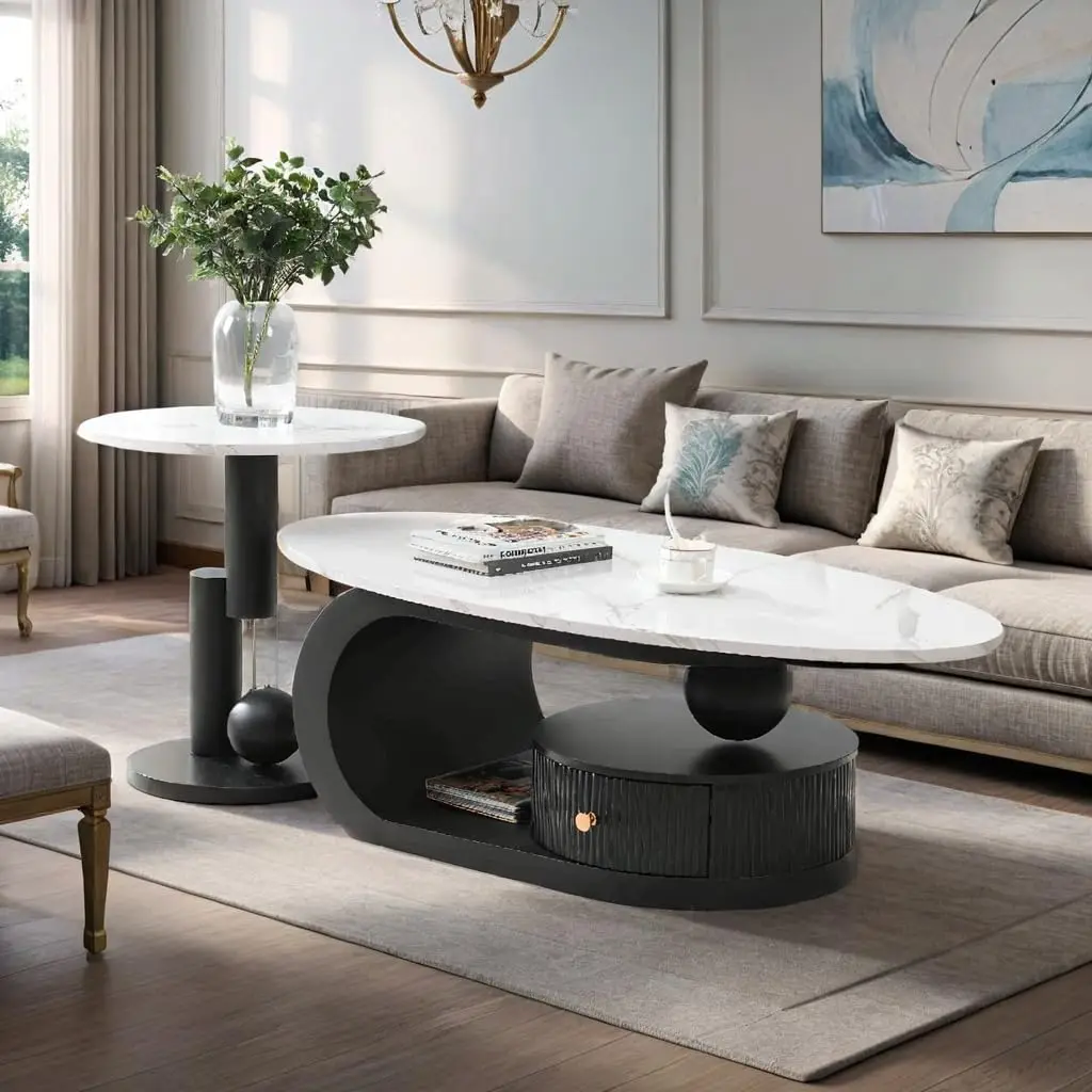 Faux Marble Nesting Coffee Table Set 2 Oval Round Living Room Side Table White Black, Customized