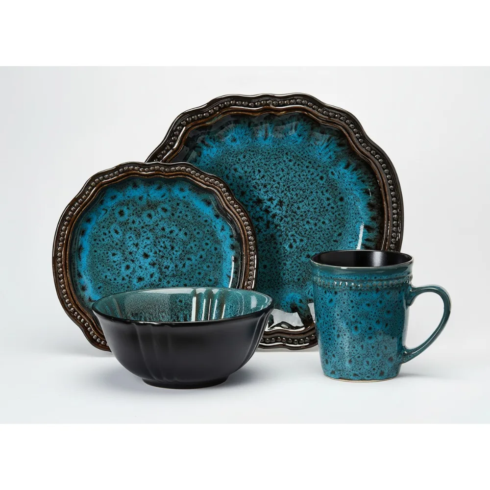 

Ocean Blue Stoneware Dinnerware Set for 4, Microwave & Dishwasher Safe, Elegant Round Oval Plates