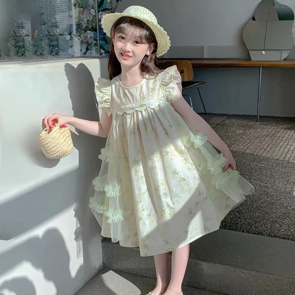 

Floral Print Pleated Kids Ruffles Mesh Dress Round Neck Loose Girls Puff Sleeve Skirt Casual Long Children Princess Dress