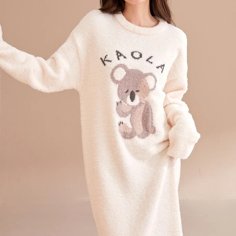 Autumn Winter Thicken Warm Soft Long Sleepwear Dress Women Homewear Long Sleeved Cute Cartoon Padded Nightgown Pyjamas Bath Robe