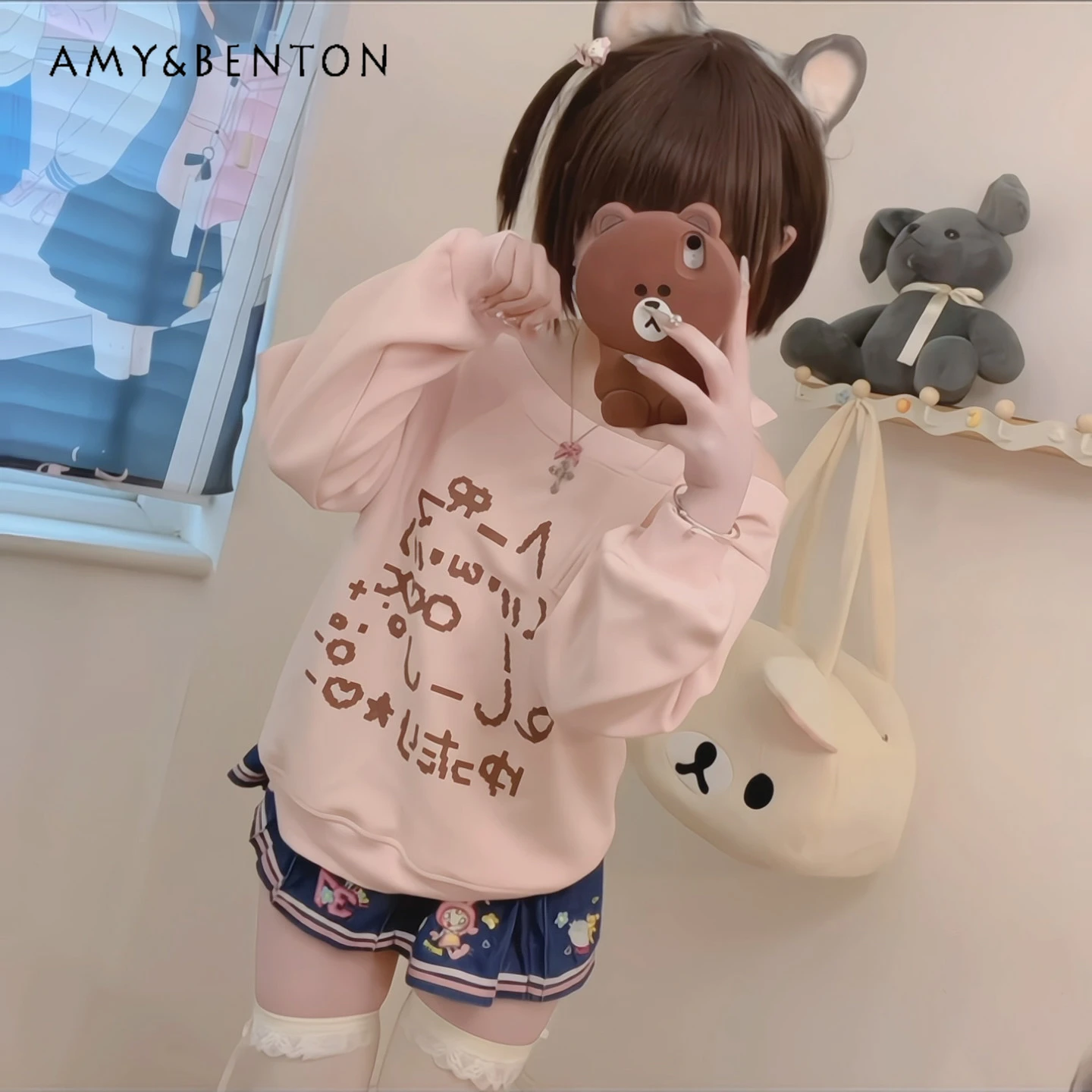 

Japanese Cute Off-shoulder Bow Sweatshirt Spring New Preppy Style Sweet Girl Cartoon Print Casual Hoodies Women Kawaii Clothes