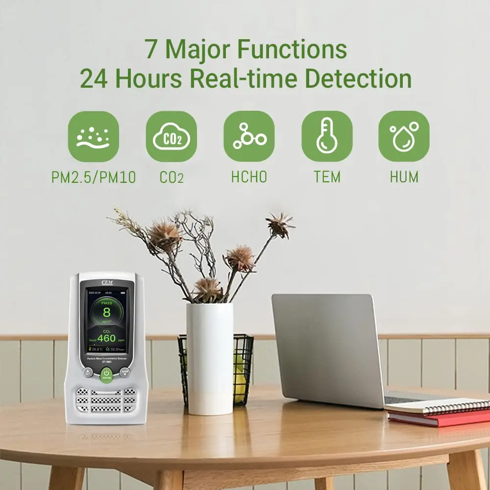 Monitor de qualidade do ar CEM PM2.5/10, HCHO (0-5,00 mg/m3), CO2 (0-9999ppm), umidade, temperatura,-4 ~ 158 ℉ e AQI.Testado por AQMD,