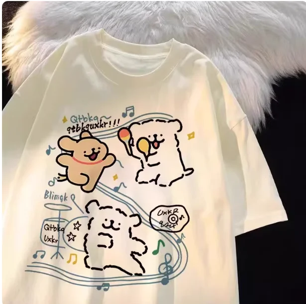 MINISO لطيف الكرتون المالطية خط الكلب تي شيرت مطبوع قصيرة الأكمام النساء الرجال زوجين عادية فضفاض تنوعا الساخن بيع تيز #1