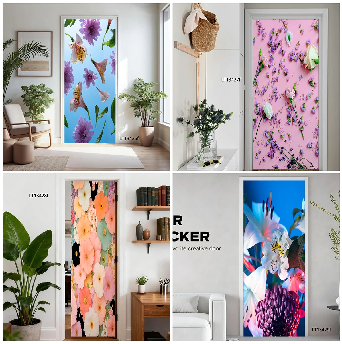 Soft Gerbera Lily Mixed Floral Watercolor Door Sticker Waterproof Self Adhesive Decal Tear Resistant Indoor Home Door Wrap Decor