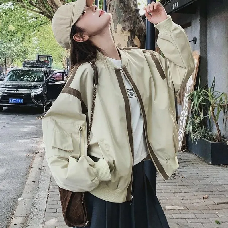 Women Clothing Spring Autumn Fashion Korean Zipper Color Blocking O-neck Cardigan Female Baseball Jersey Pocket Long Sleeve Coat
