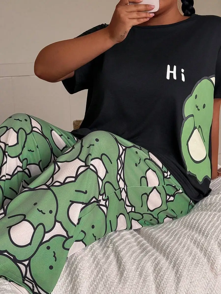 

Green Cartoon Creature Print Short Sleeve Top & Long Pants Pajama Set