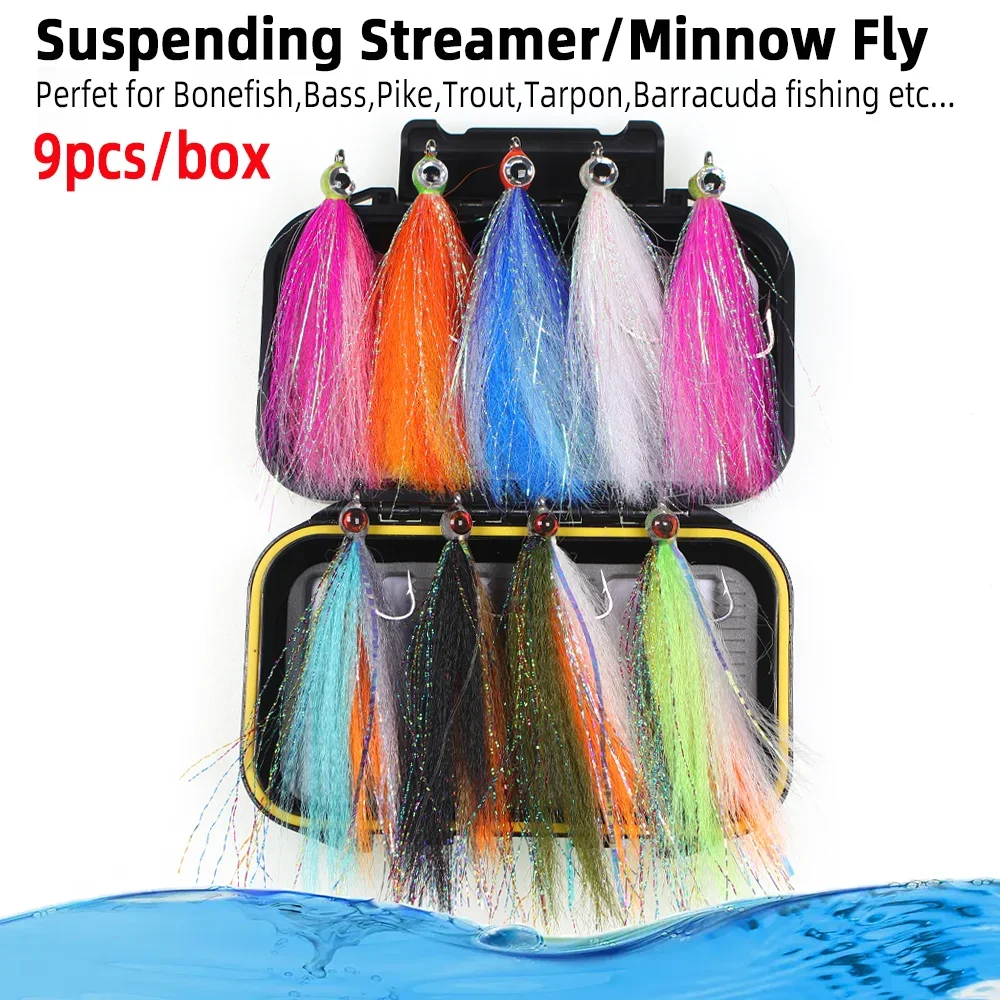 Wifreo 9pcs Saltwater Streamer Fly Kit Epoxy 3D Fish Eye Clouser Minnow Fly Fishing Flies Trout Bass Muskie Fishing Lure Baits