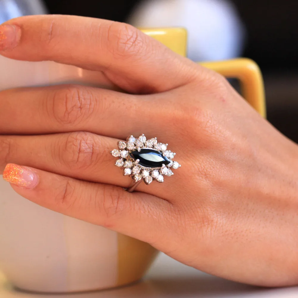Anillo de moissanita negra marquesa de 2 quilates, 12x6 mm, D VVS1, certificado GRA, pasa la prueba del diamante, diamante de laboratorio brillante redondo, halo, plata S925, chapado en oro blanco, joyería para mujer, regalo de compromiso, boda, aniversario