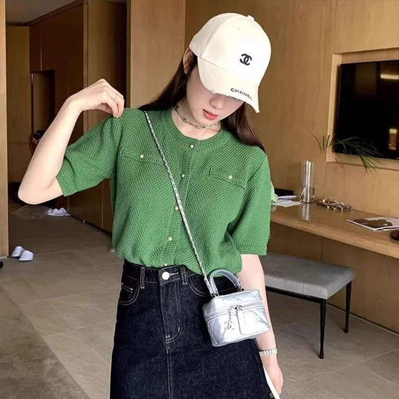 Women Clothing Fashion Knit O-neck Short Sleeve Top Summer Korean Version Short Dark Green Cardigan Loose Button Sweaters Shirts