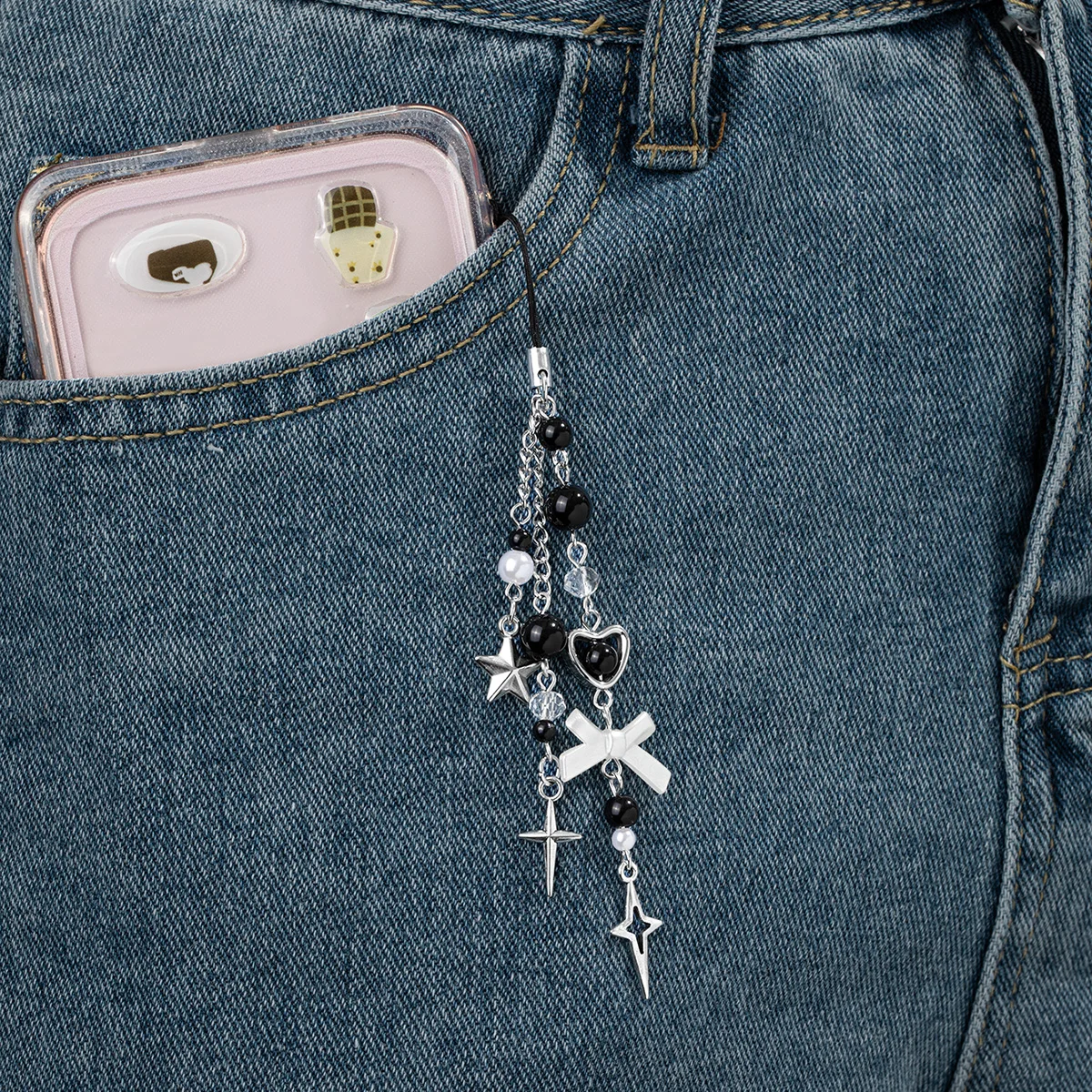 Y2K Sweet & Cool Style Phone Lanyard, Black & Silver Beaded Star, Bowknot & Heart Pendants (Three Styles Available)