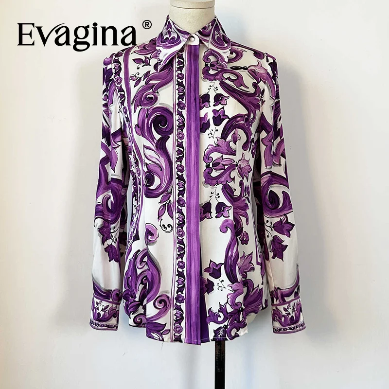 

Evagina Autumn outfit Purple flower dyed lapel single button silk Colorful patterns Travel camping Long Sleeved Stand up Shirt