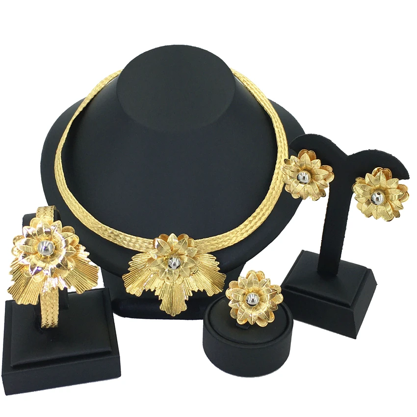 

Luxurious 24k Gold Plated Copper Party Necklace Ring Bracelet Bridal Earring Flower Shape Dubai Jewelry Set For Women FHK13185