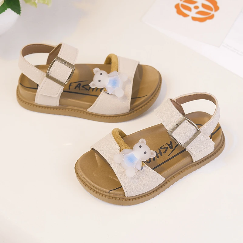 

Summer Kids Open-toe Sandals for Girls Anti-slippery Soft Sole Toddler Beach Shoes with Cute Bear Suede Retro Girls Sandals Ins