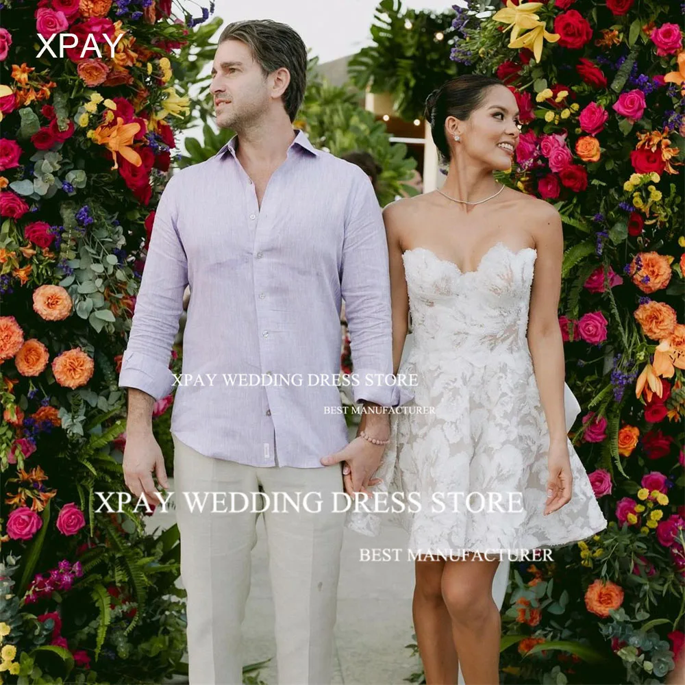 Xpay querida uma linha praia vestidos de casamento luxo renda curto personalizado plissados sem mangas acima do joelho vestido de noiva