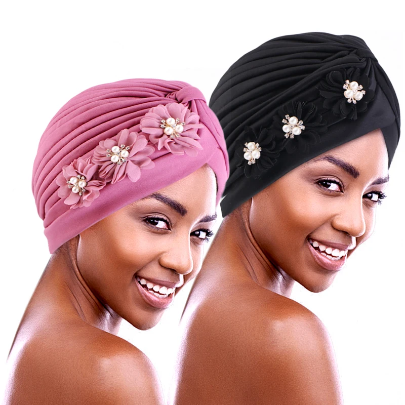 Flower Pearl Turban Pleated Inner Hijab Hat Women Chemo Cap Muslim Headscarf Beanies Bonnet Arab Islamic Hair Loss Turbante