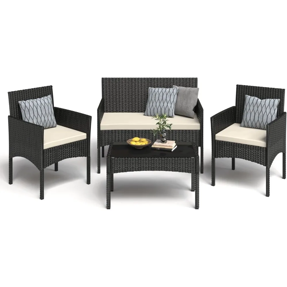 

4 Pieces Patio Furniture Set, Outdoor Wicker Rattan Patio Conversation Furniture Set with Waterproof Cushion and Table for Lawn