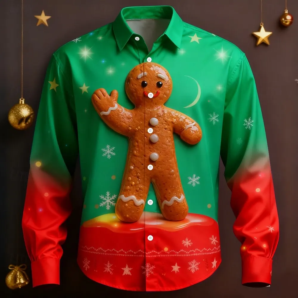 Camisa navideña divertida de Color degradado para hombre, camisa de Minions de galletas navideñas, camisa con botones, camisas divertidas de manga larga para vacaciones al aire libre