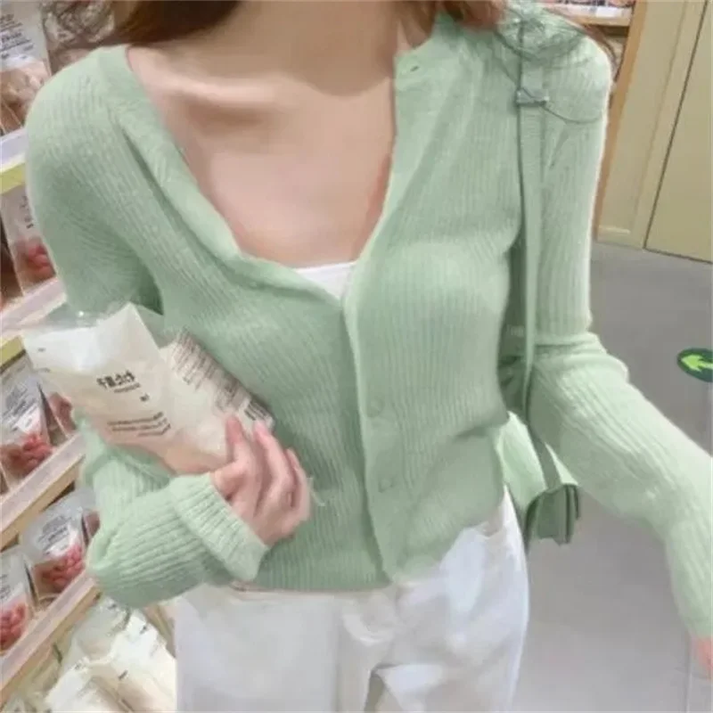 New Fashion Spring 100% Merino Wool Womens O-neck Cardigan Cashmere Sweater 2024 Female Clothing Grace Knitwear Korean Tops