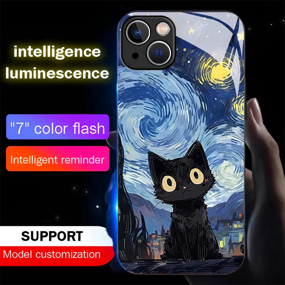

Starry Sky Black Cat LED Light Up Phone Case Glowing Back Cover For iPhone Air 17 E 16 E 15 14 13 12 11 Pro Max XR Plus
